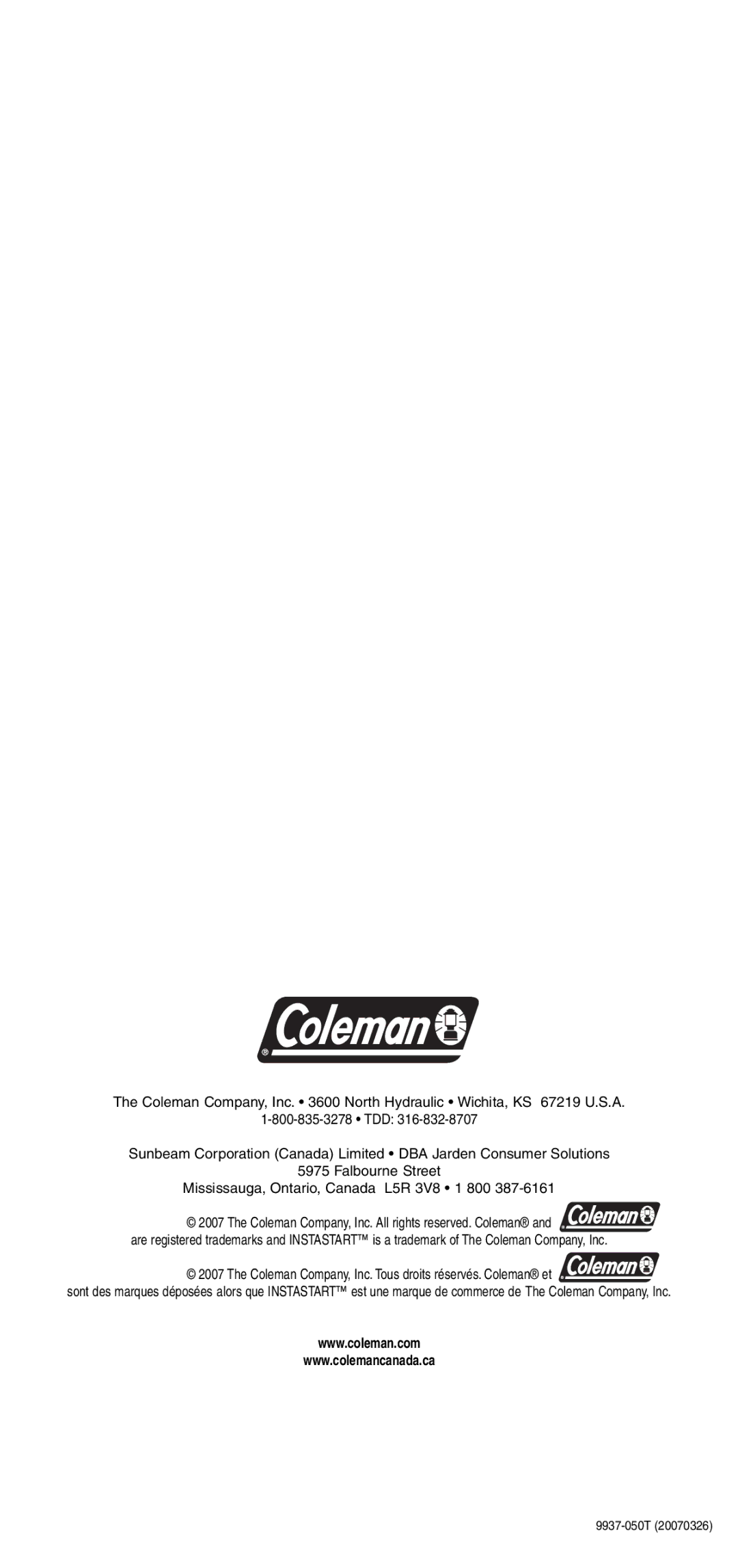 Coleman instruction manual 9937-050T 