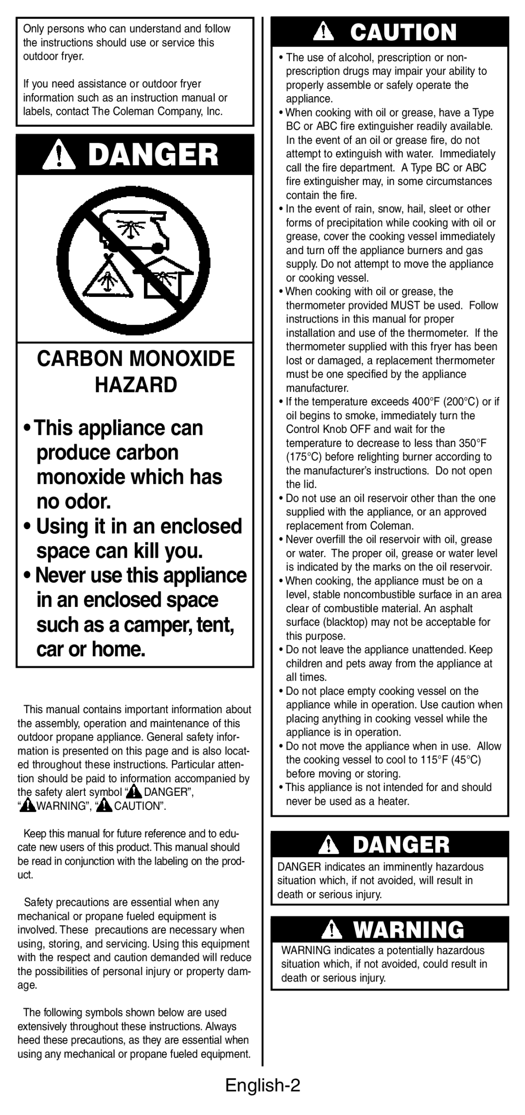 Coleman 9937 instruction manual Carbon Monoxide Hazard, English-2 