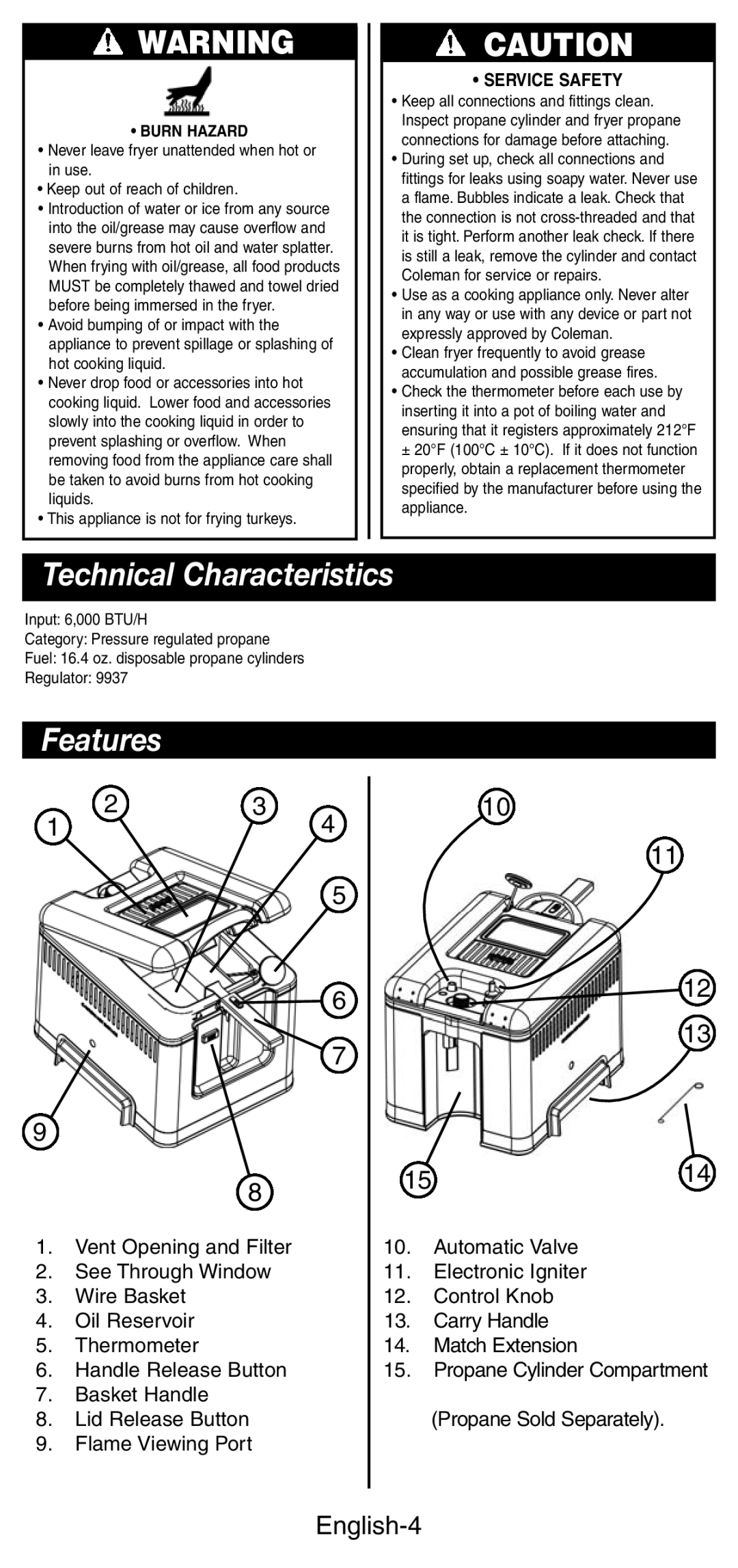 Coleman 9937 instruction manual Technical Characteristics, Features, 1514, English-4 