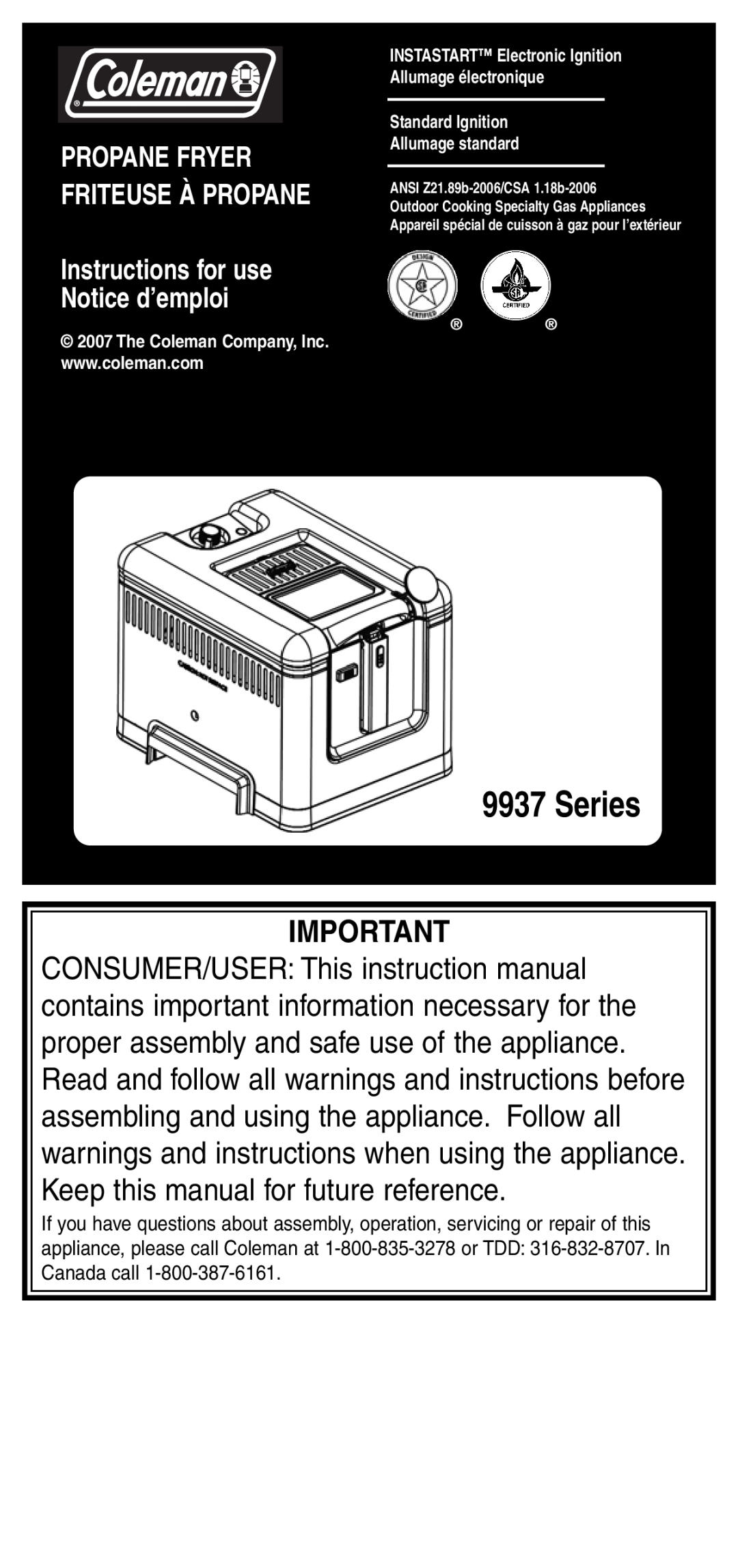 Coleman 9937 instruction manual Series, PROPANE FRYER FRITEUSE À PROPANE Instructions for use Notice d’emploi 