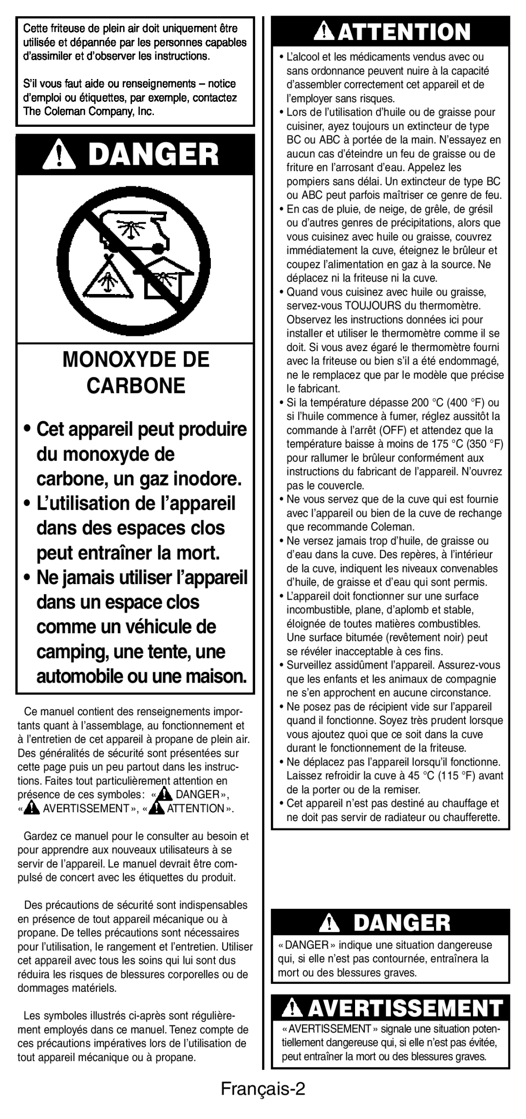 Coleman 9937 instruction manual Avertissement, Danger, Monoxyde De Carbone, Français-2 