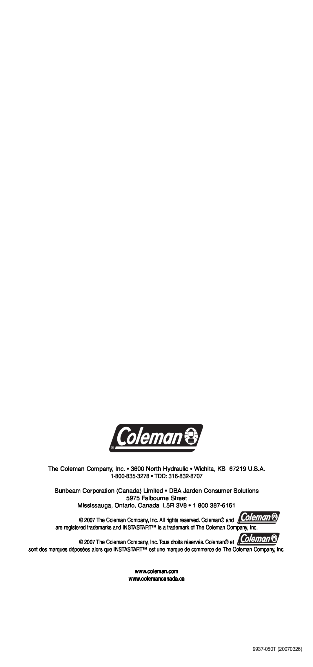 Coleman 9937 instruction manual Sunbeam Corporation Canada Limited DBA Jarden Consumer Solutions 