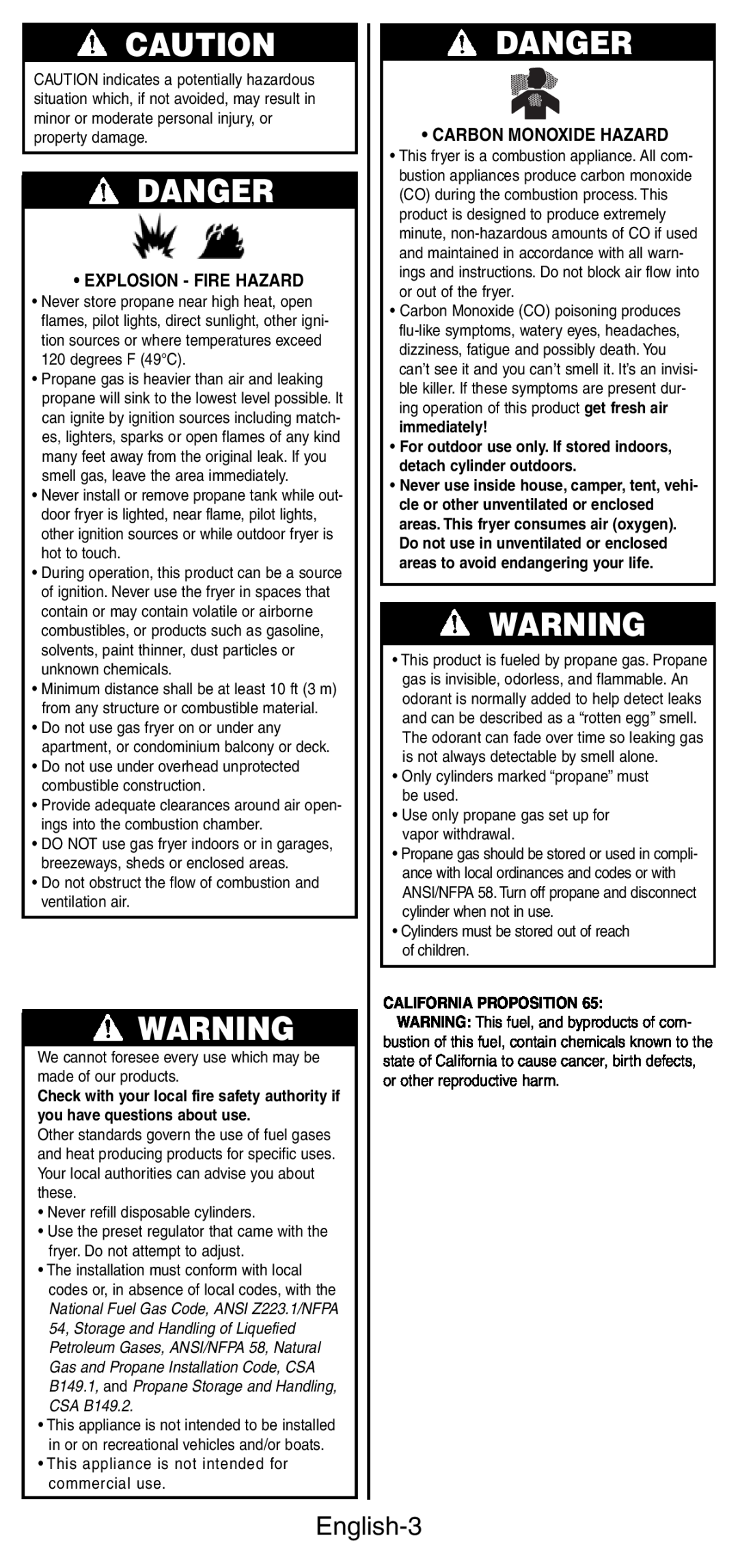 Coleman 9937 instruction manual Danger, English-3, Explosion - Fire Hazard, Carbon Monoxide Hazard, California Proposition 