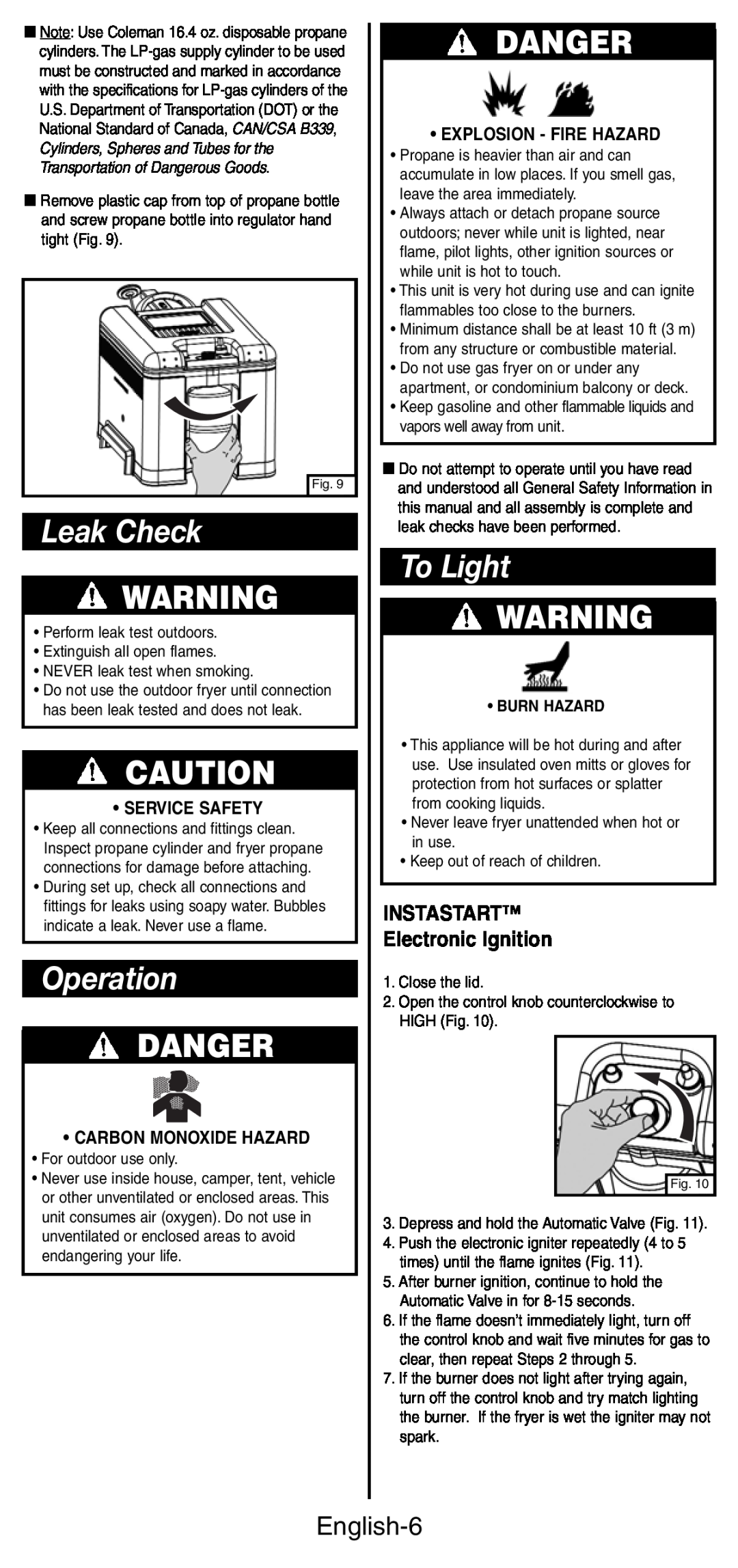 Coleman 9937 Leak Check, Operation, To Light, Danger, English-6, INSTASTART Electronic Ignition, Service Safety 