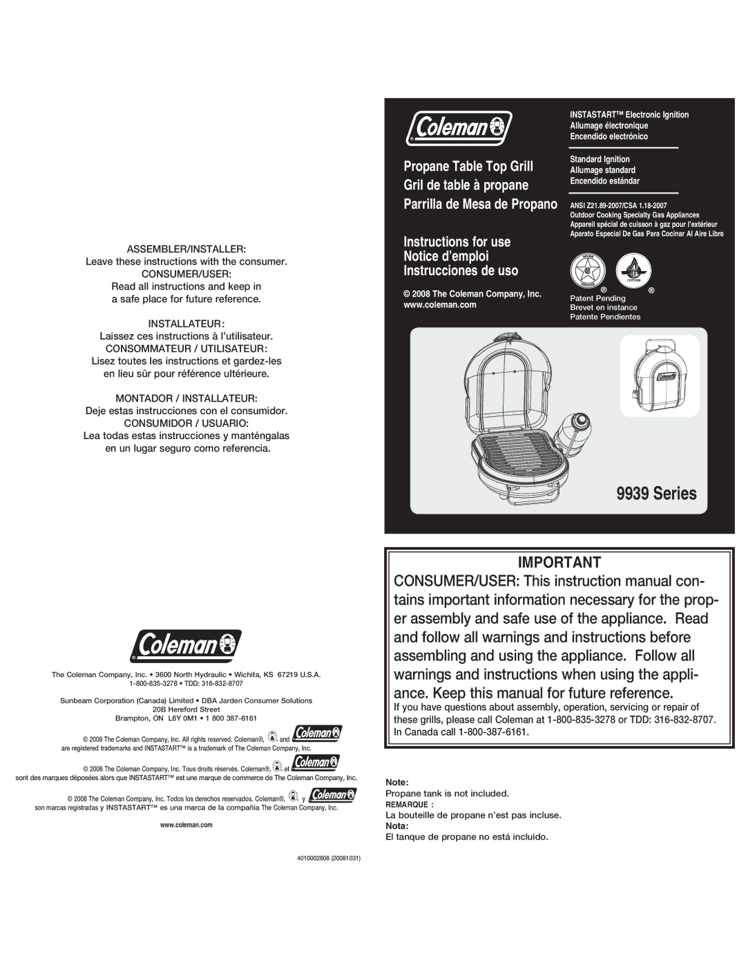 Coleman 9939 instruction manual Instructions for use Instrucciones de uso, Remarque 