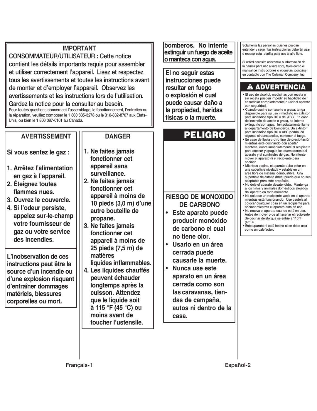 Coleman 9939 instruction manual Avertissement, Riesgo DE Monoxido DE Carbono, Français-1Español-2 