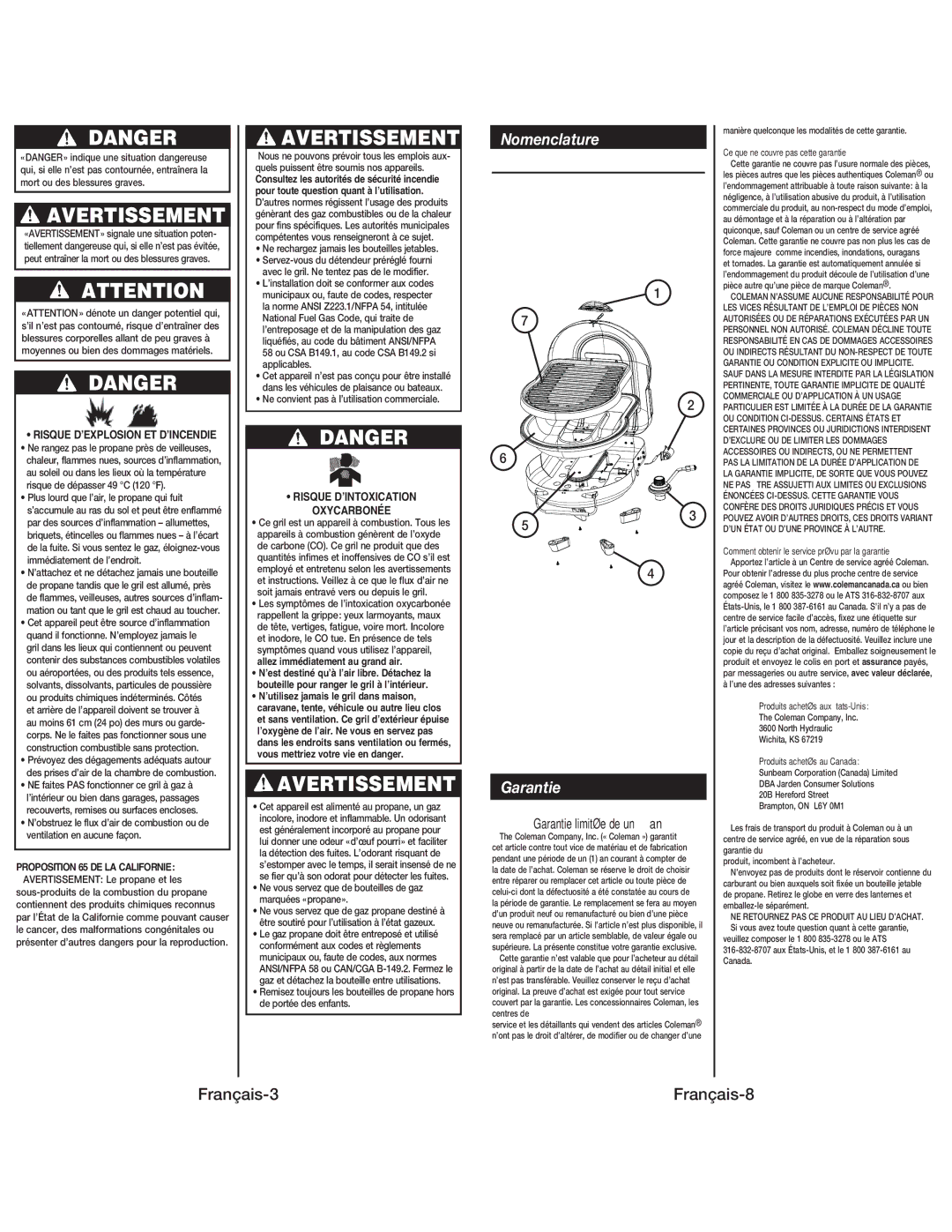 Coleman 9939 instruction manual Avertissement, Nomenclature, Français-3Français-8, Garantie limitée de un an 