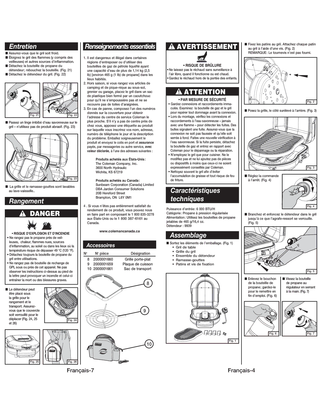 Coleman 9939 instruction manual Entretien, Rangement, Assemblage, Accessoires, Français-7Français-4 