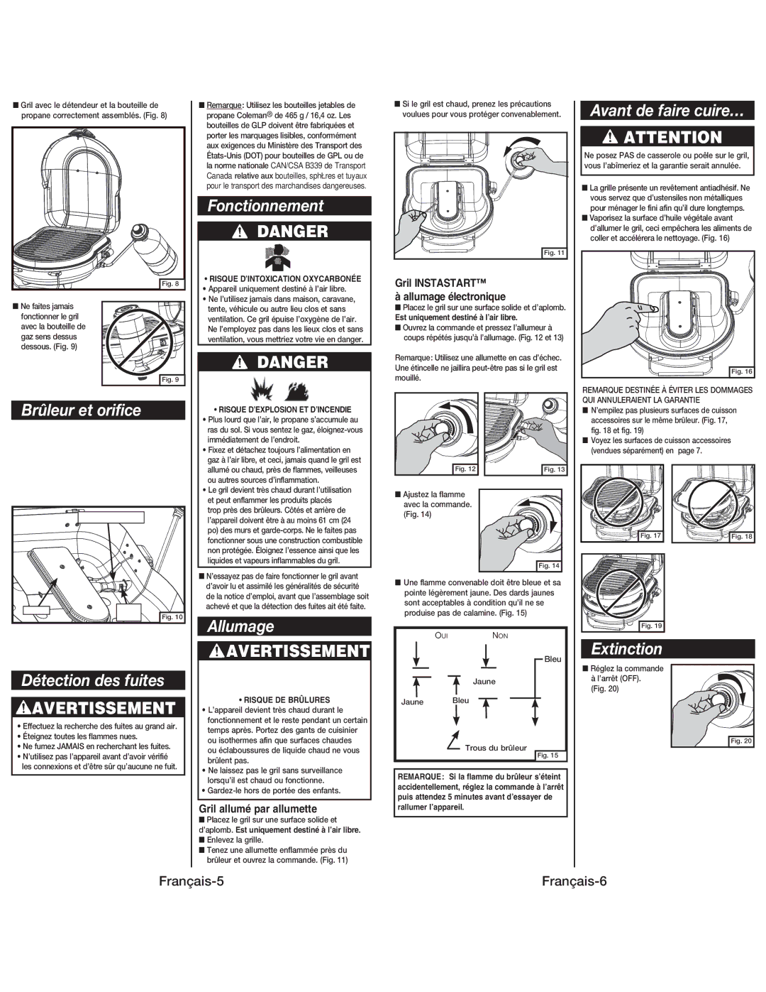 Coleman 9939 instruction manual Brûleur et orifice, Détection des fuites, Fonctionnement, Allumage, Extinction 