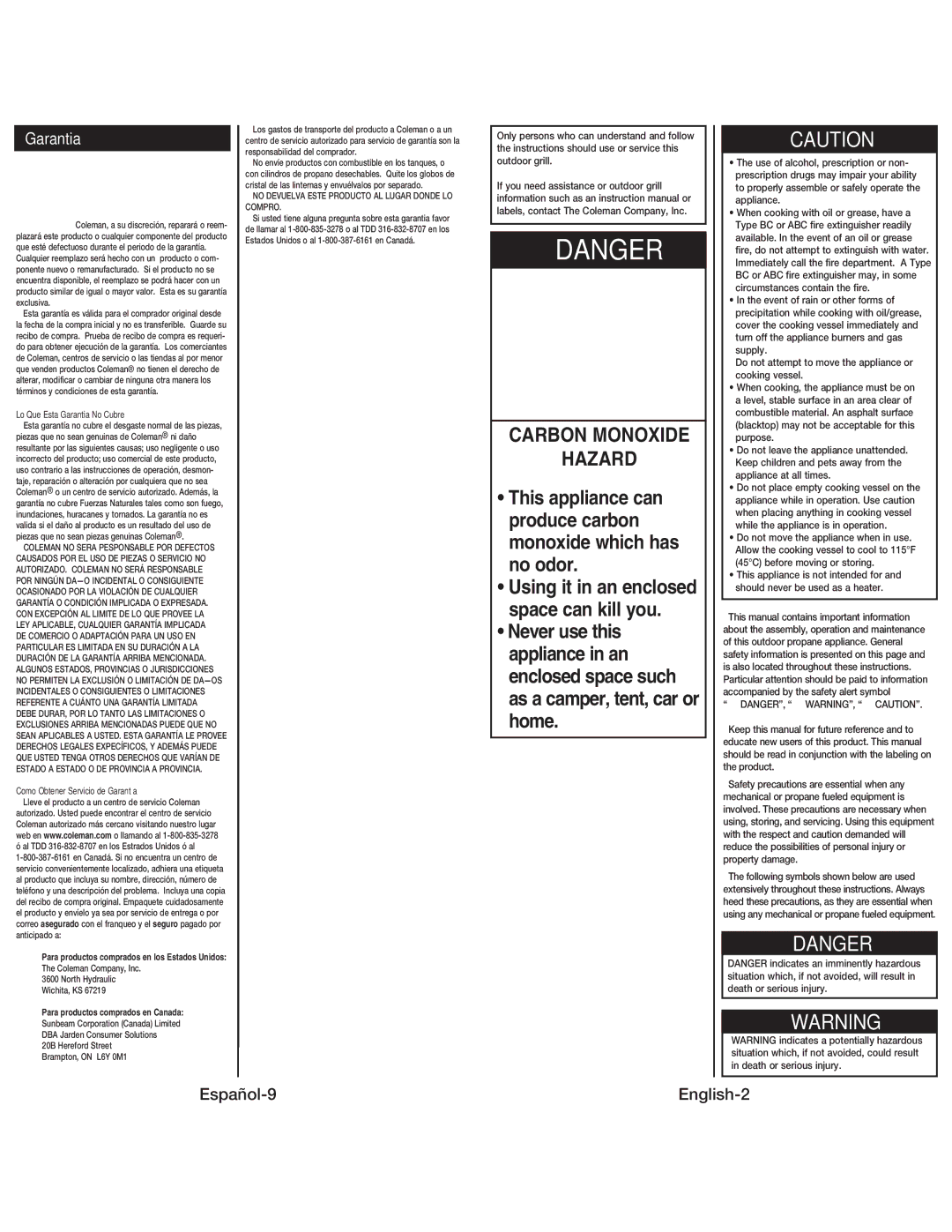 Coleman 9939 instruction manual Carbon Monoxide Hazard, Garantia, Español-9 English-2, Garantía Limitada de Un Año 