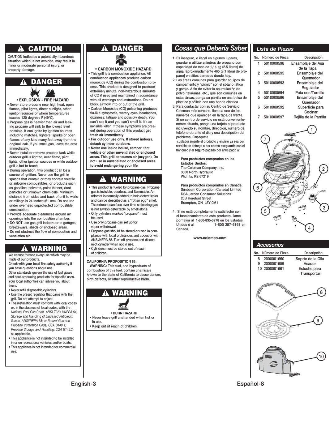 Coleman 9939 Lista de Piezas, English-3Español-8, Explosion Fire Hazard, Carbon Monoxide Hazard, Burn Hazard 