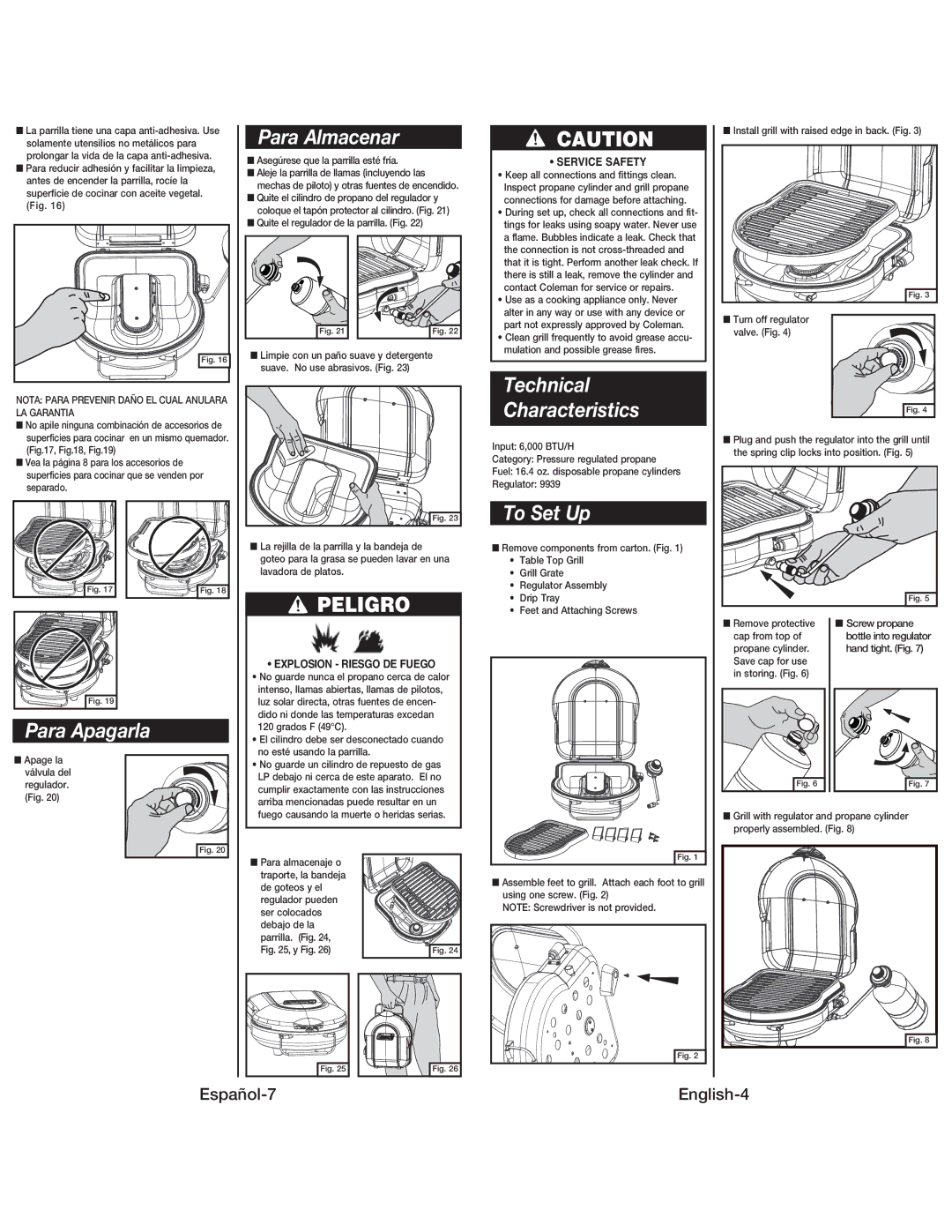 Coleman 9939 instruction manual Para Almacenar, Technical Characteristics, To Set Up, Peligro, Para Apagarla 