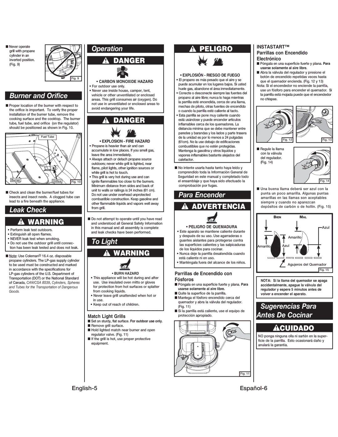 Coleman 9939 instruction manual Burner and Orifice, Operation, Leak Check, To Light, Para Encender 