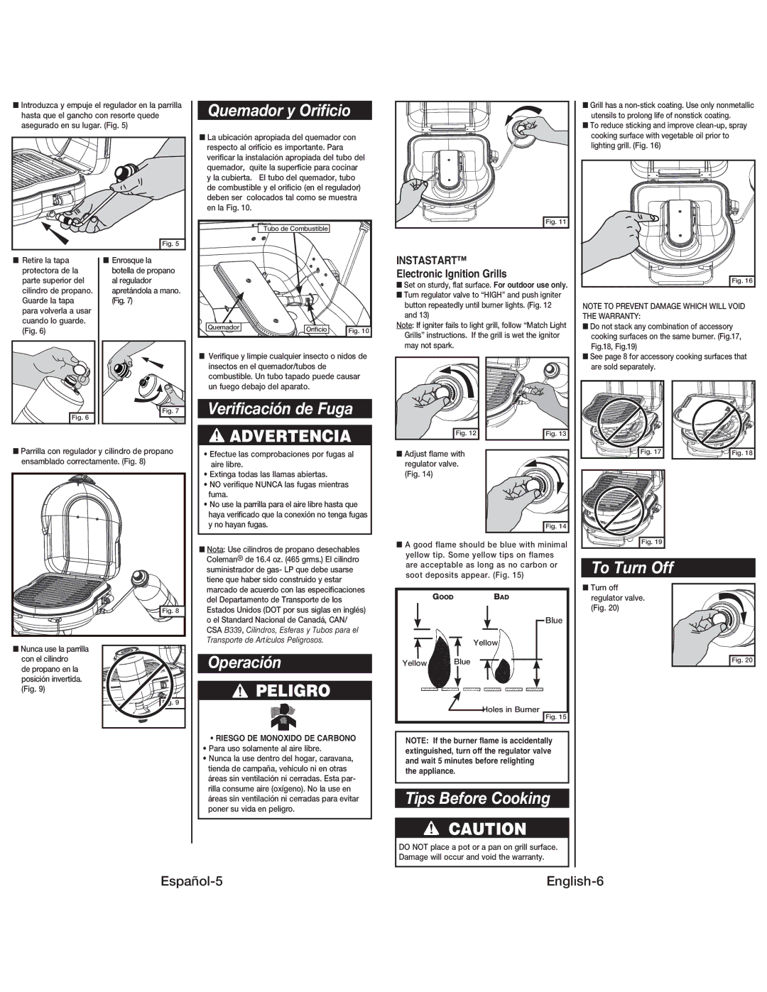 Coleman 9939 instruction manual Quemador y Orificio, Verificación de Fuga, To Turn Off, Operación, Tips Before Cooking 