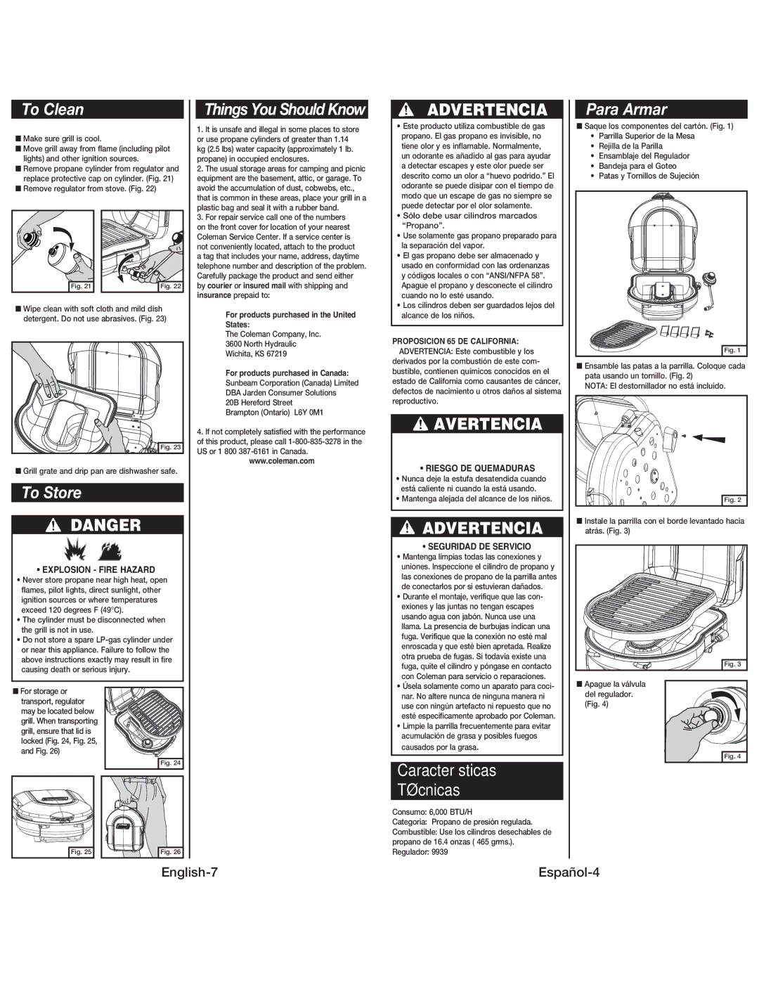 Coleman 9939 instruction manual To Clean, To Store, Avertencia, Para Armar, Características Técnicas 