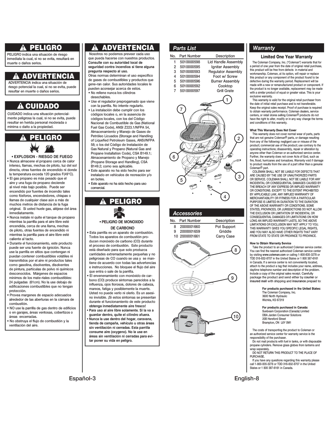 Coleman 9939 instruction manual Parts List, Español-3English-8, Limited One Year Warranty 