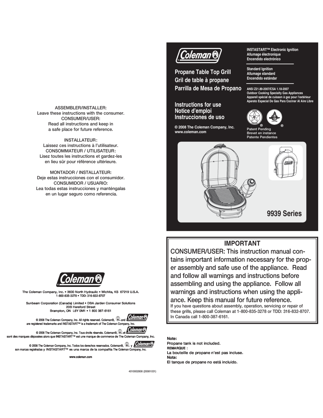 Coleman 9939 instruction manual Series, Instructions for use Notice d’emploi, Instrucciones de uso 