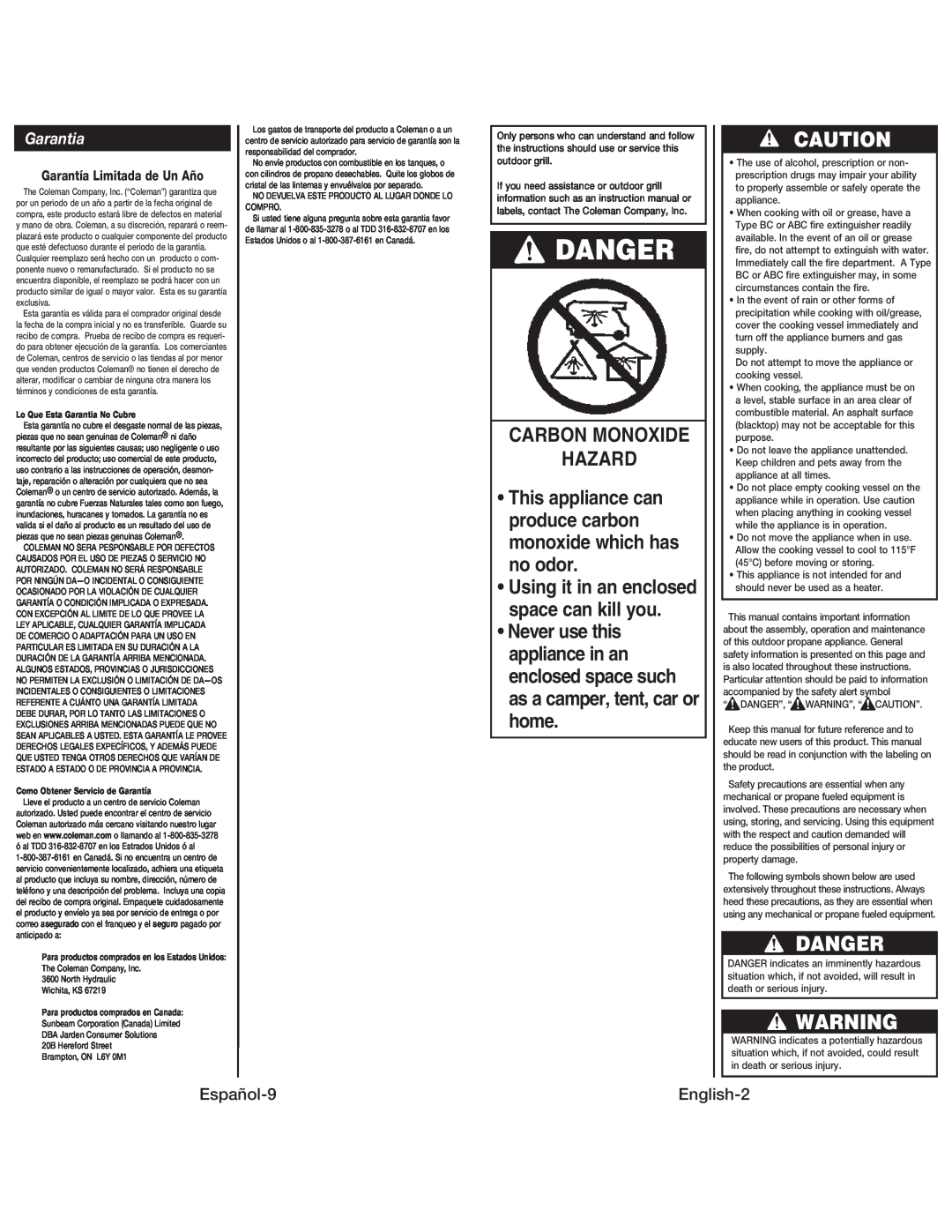 Coleman 9939 instruction manual Danger, Carbon Monoxide Hazard 