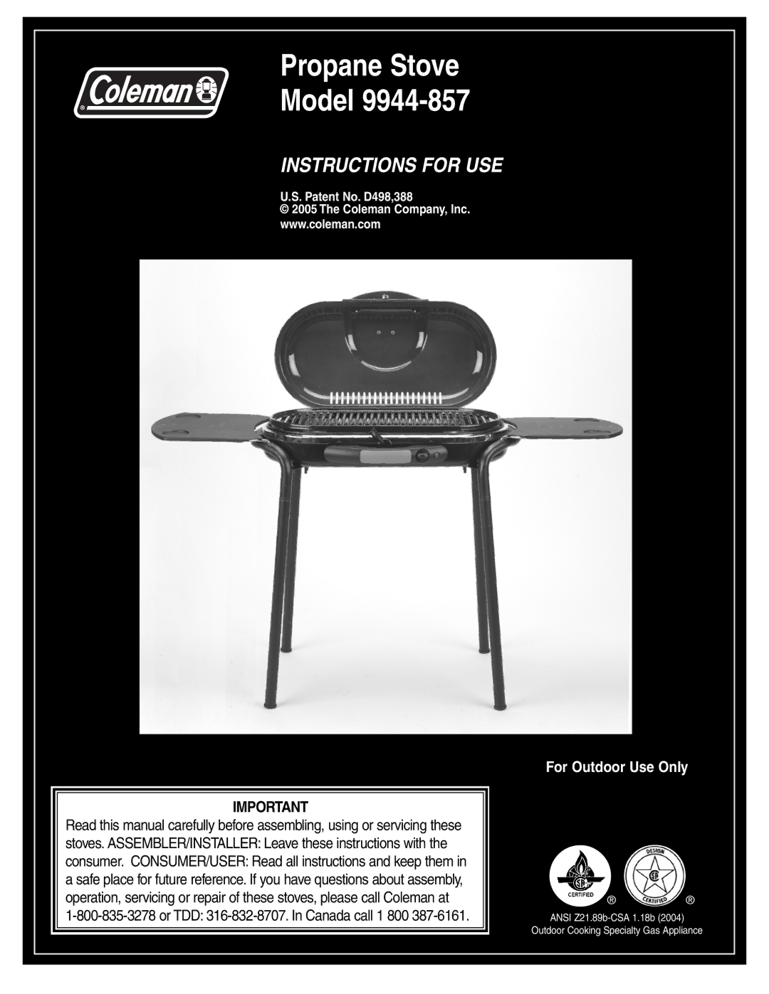 Coleman 9944-857 manual Propane Stove Model 