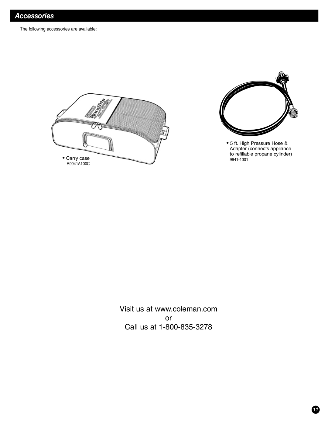 Coleman 9944-857 manual Accessories, Following accessories are available Carry case 