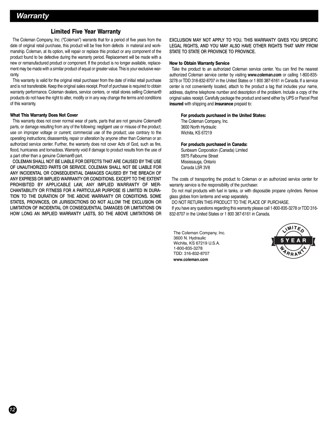 Coleman 9944-857 manual Warranty, Coleman Company, Inc North Hydraulic Wichita, KS, Canada L5R 