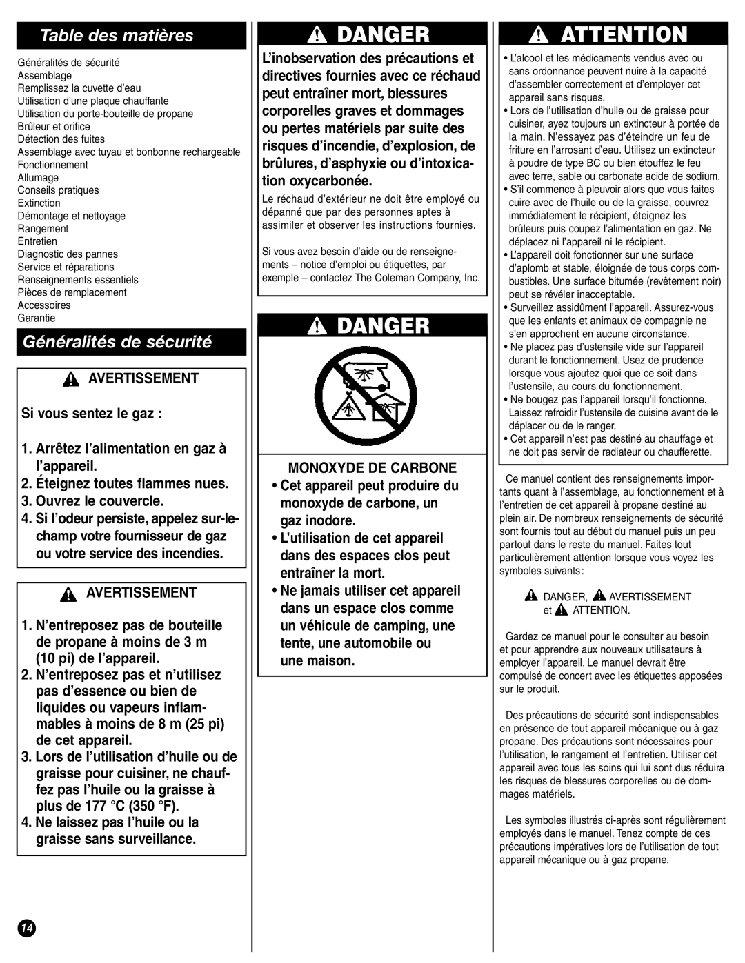 Coleman 9944-857 manual Table des matières, Généralités de sécurité, Avertissement, Monoxyde DE Carbone, Garantie 