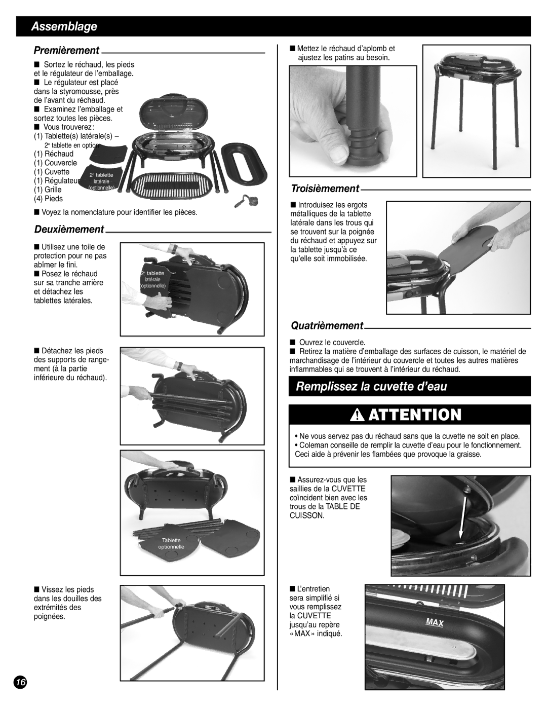 Coleman 9944-857 manual Assemblage, Remplissez la cuvette d’eau 