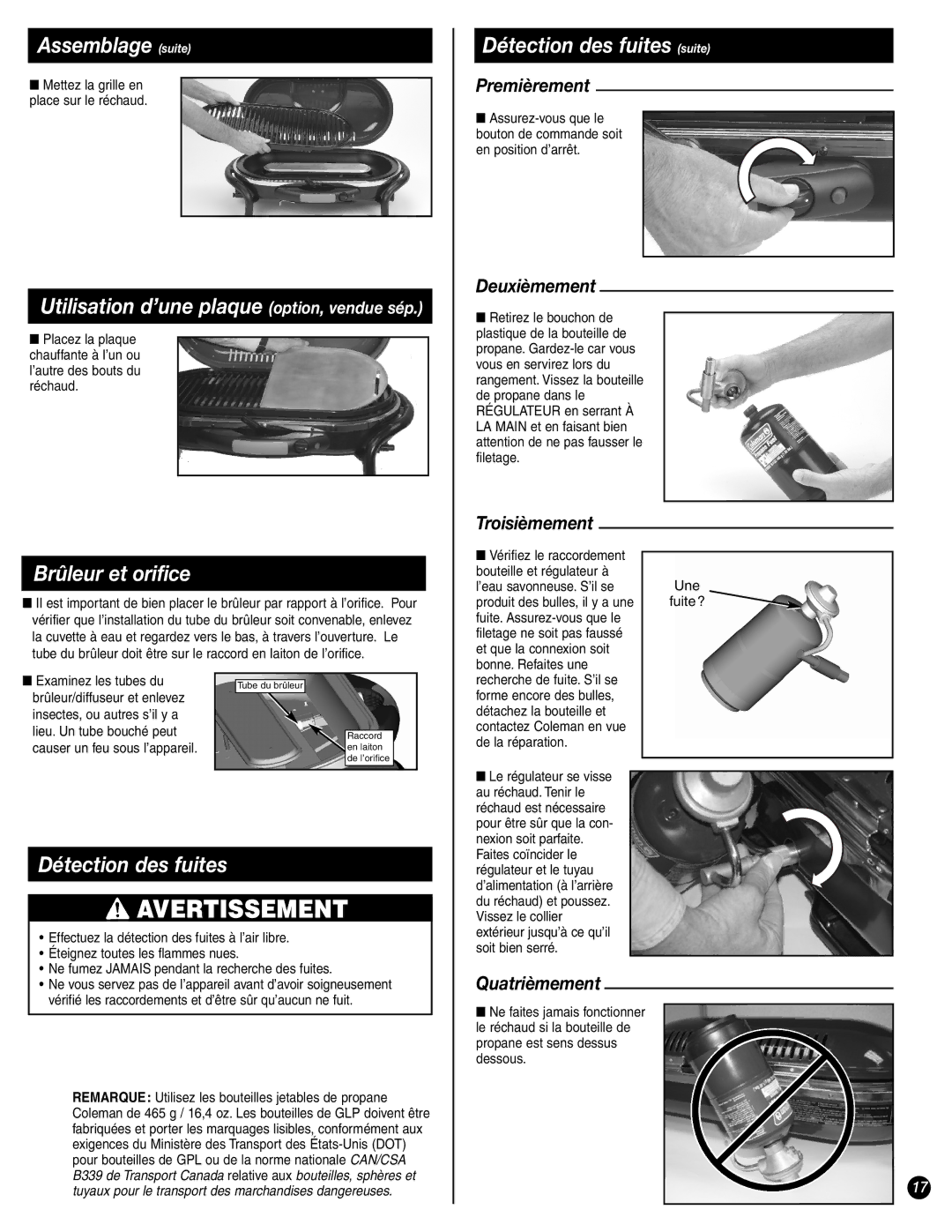 Coleman 9944-857 manual Assemblage suite, Brûleur et orifice, Détection des fuites 