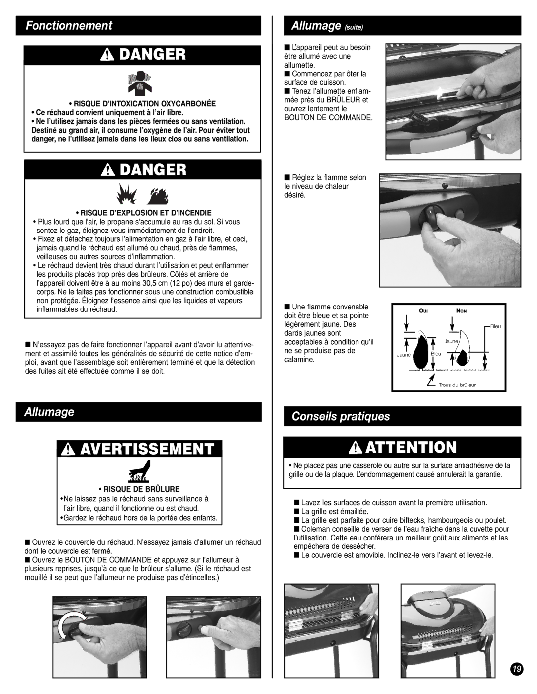 Coleman 9944-857 Fonctionnement, Allumage suite, Conseils pratiques, Réglez la flamme selon le niveau de chaleur désiré 