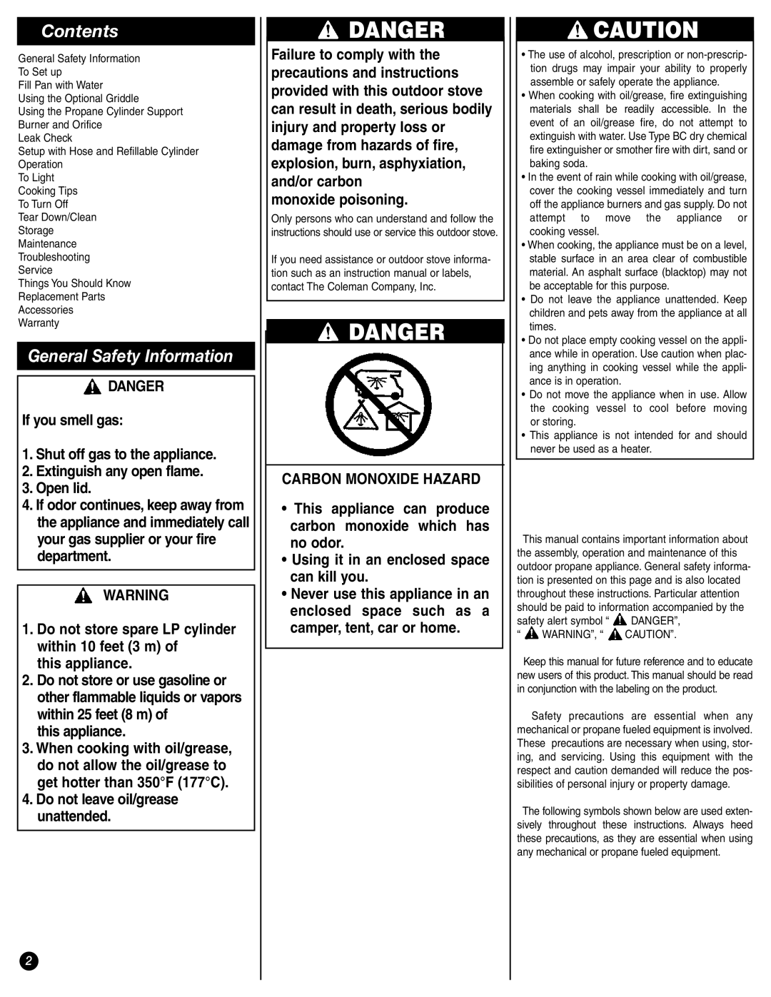 Coleman 9944-857 manual Contents, General Safety Information 