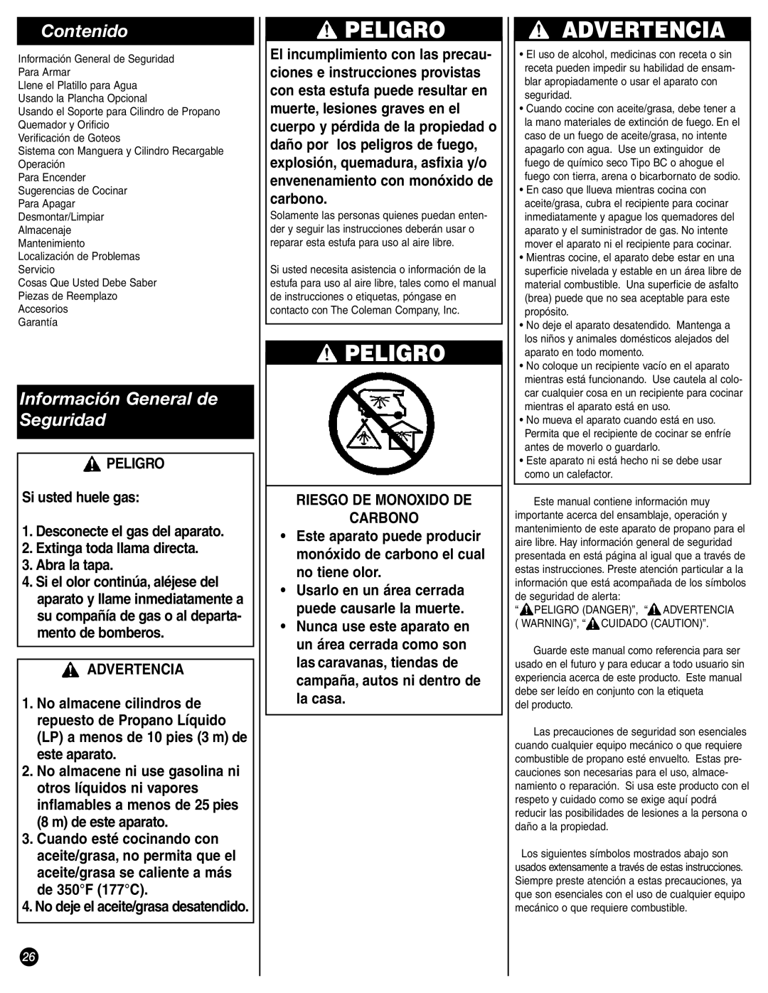 Coleman 9944-857 manual Contenido, Información General de Seguridad, Peligro, Advertencia, Riesgo DE Monoxido DE Carbono 