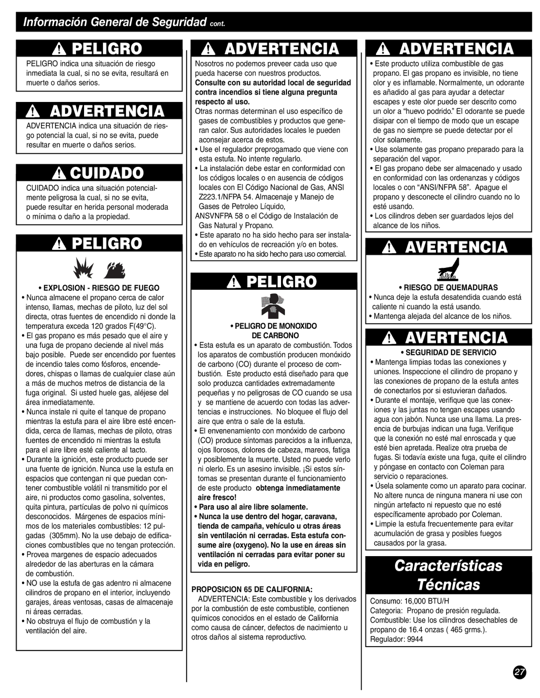 Coleman 9944-857 No obstruya el flujo de combustión y la ventilación del aire, Mantenga alejada del alcance de los niños 