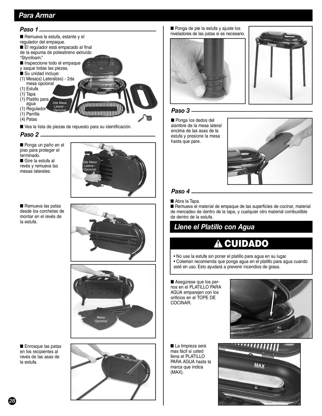 Coleman 9944-857 manual Para Armar, Llene el Platillo con Agua, Ponga un paño en el piso para proteger el terminado 