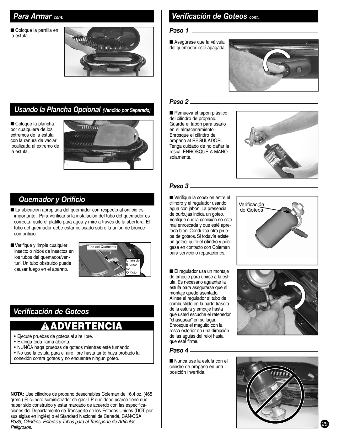 Coleman 9944-857 manual Quemador y Orificio, Verificación de Goteos 