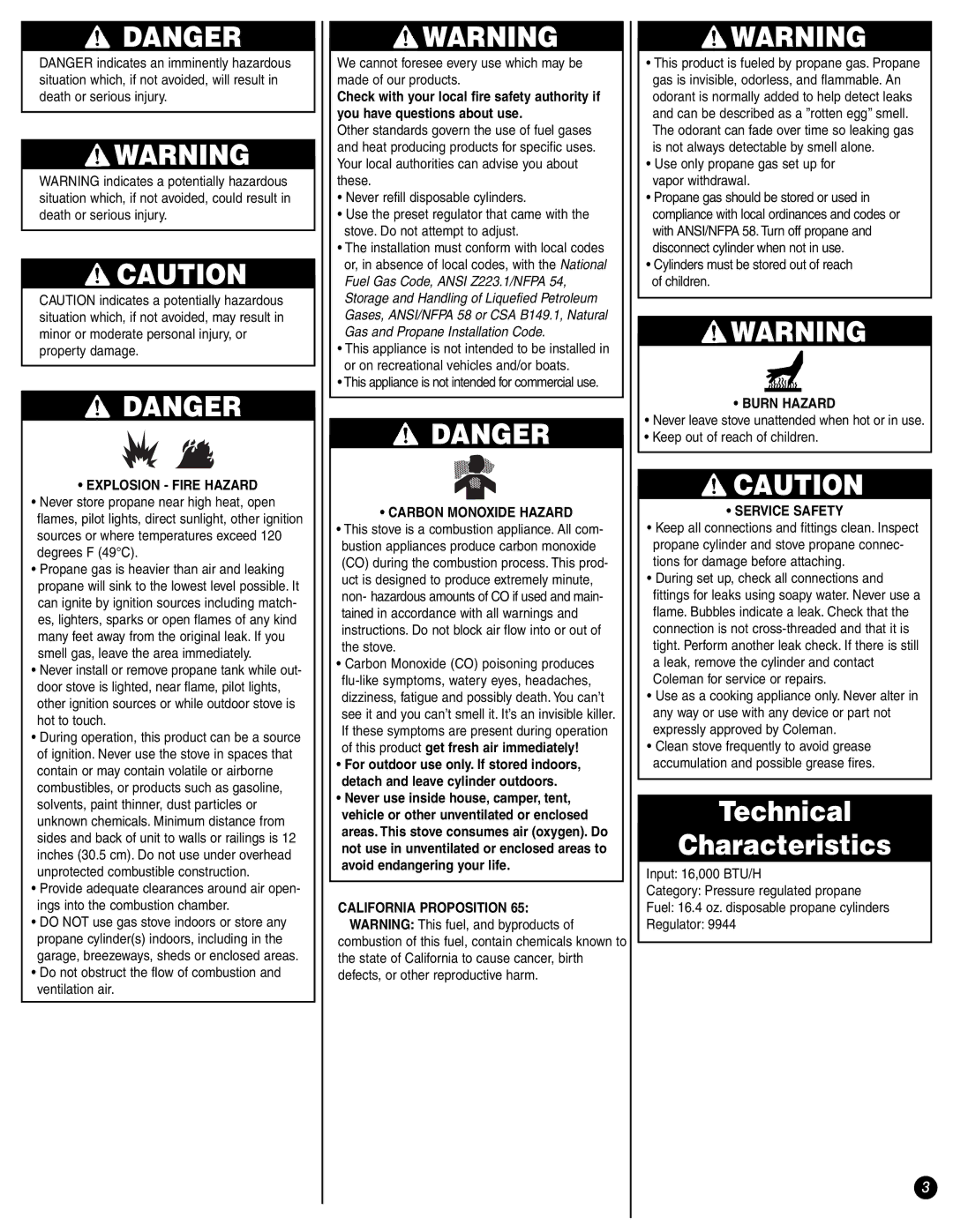 Coleman 9944-857 manual Use only propane gas set up for Vapor withdrawal, Cylinders must be stored out of reach Children 