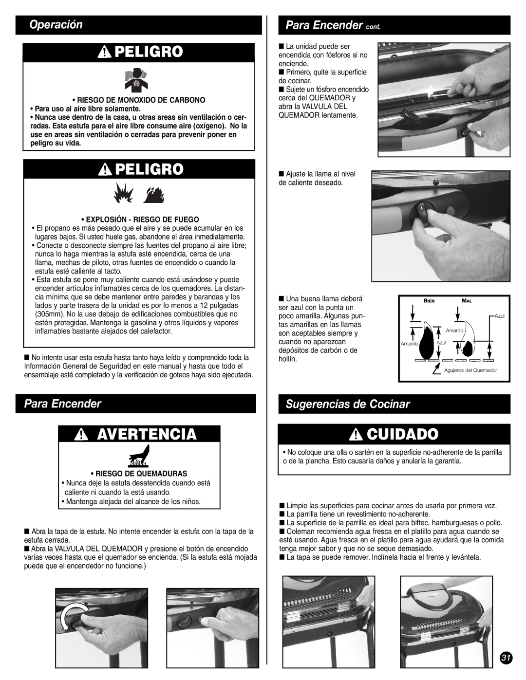 Coleman 9944-857 manual Operación, Para Encender, Sugerencias de Cocinar, Ajuste la llama al nivel De caliente deseado 