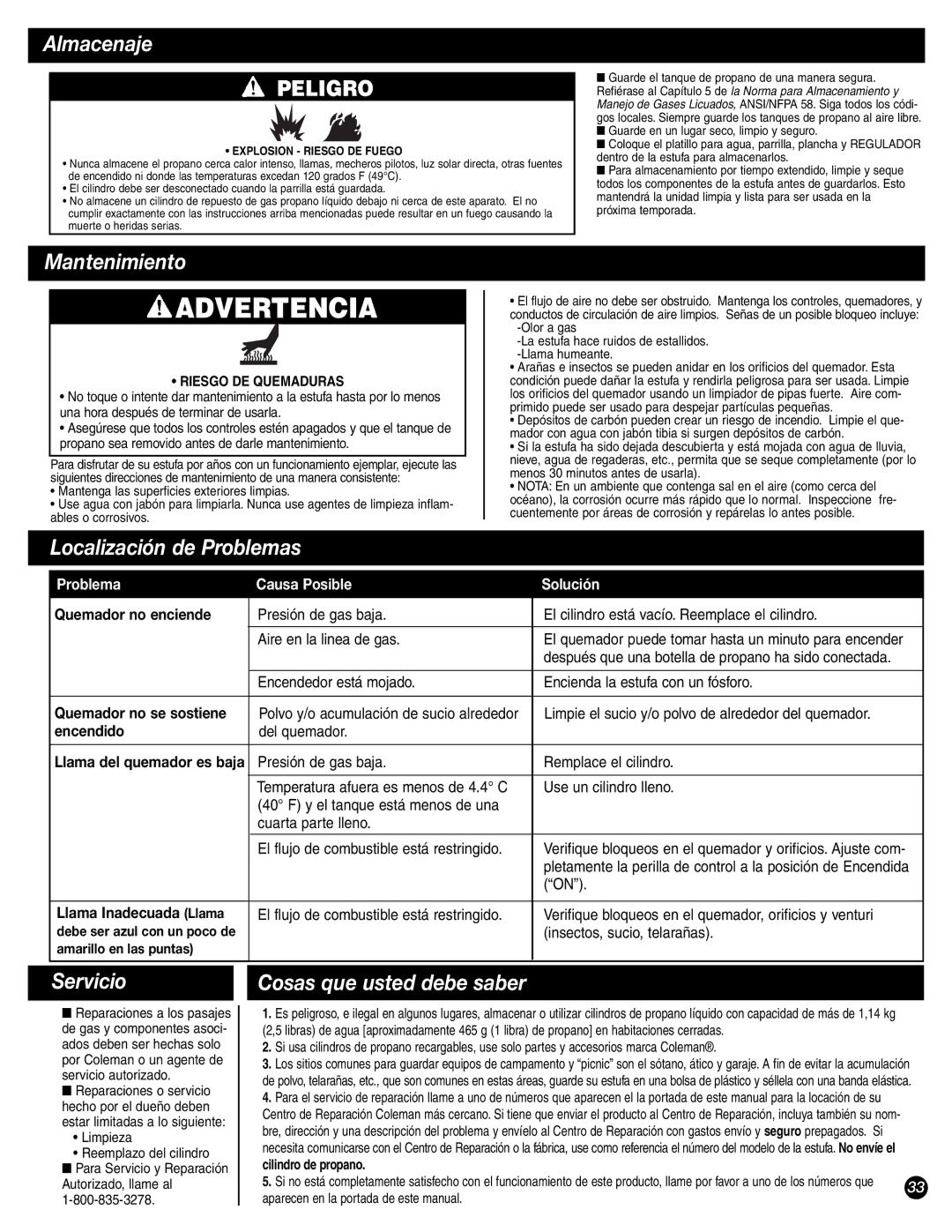 Coleman 9944-857 manual Almacenaje, Mantenimiento, Localización de Problemas, Servicio, Cosas que usted debe saber 