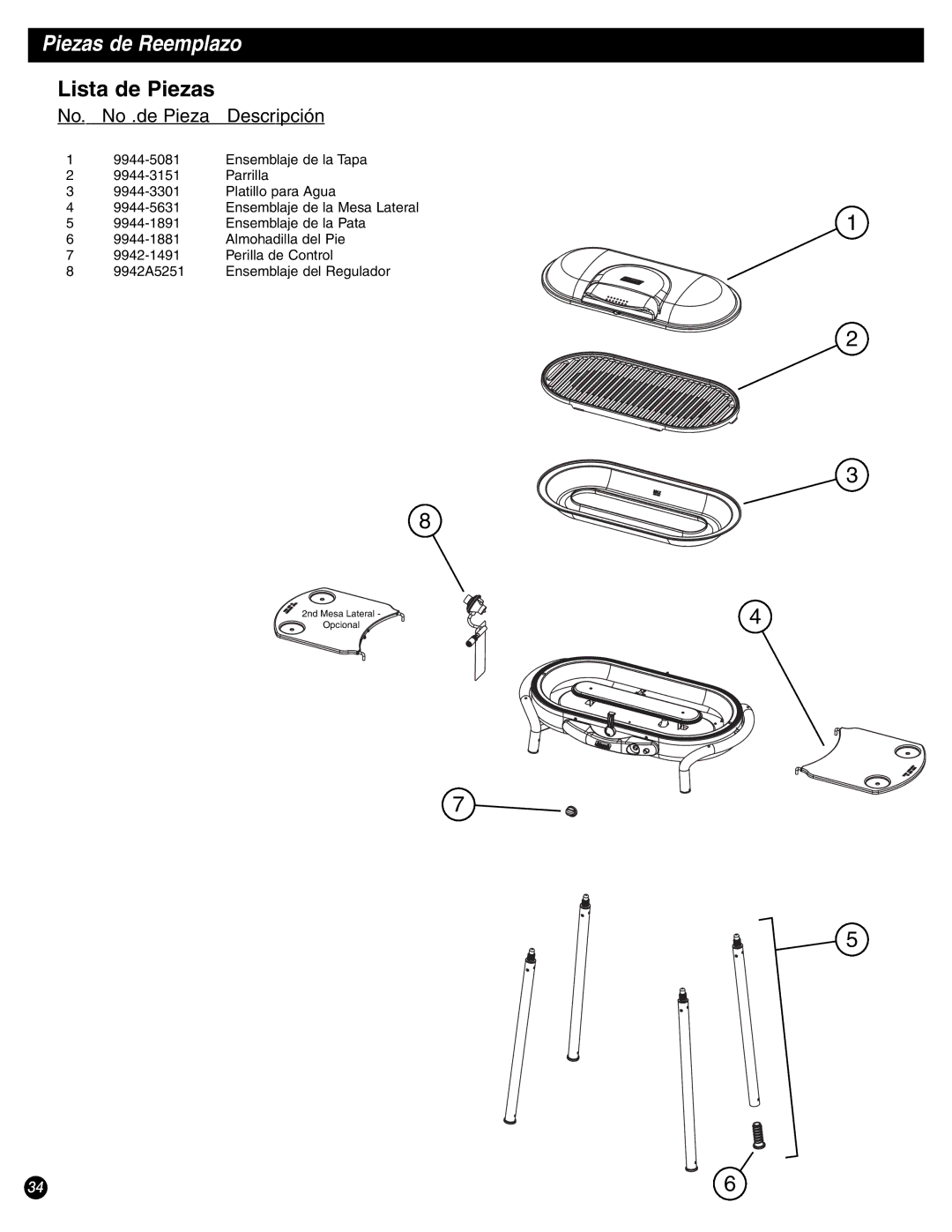 Coleman 9944-857 manual Piezas de Reemplazo 