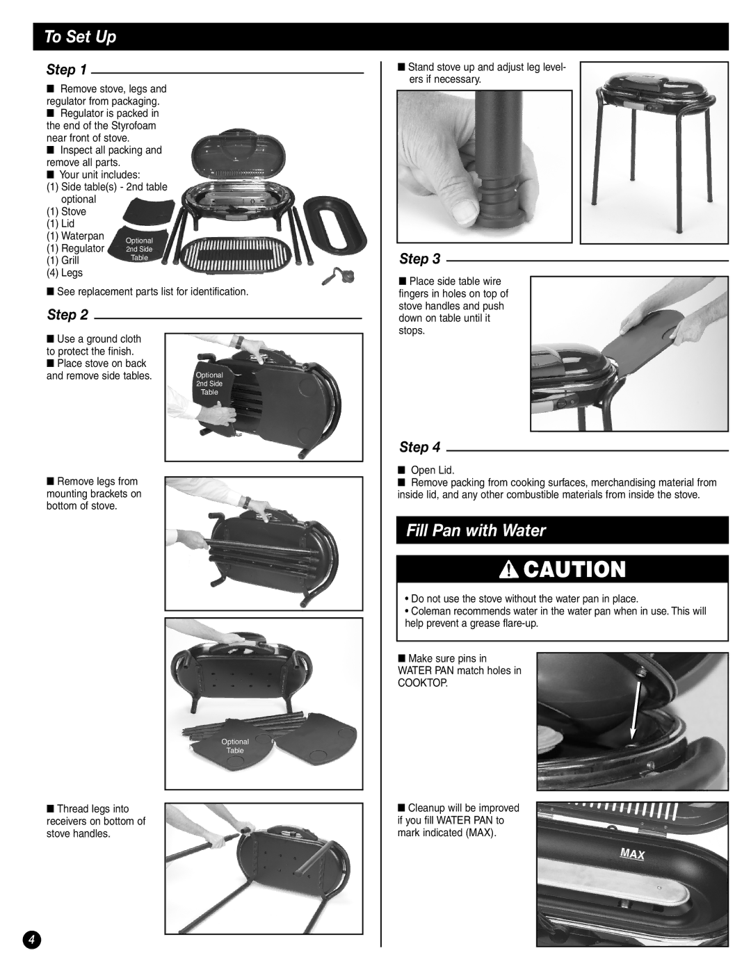 Coleman 9944-857 manual To Set Up, Fill Pan with Water, Open Lid 