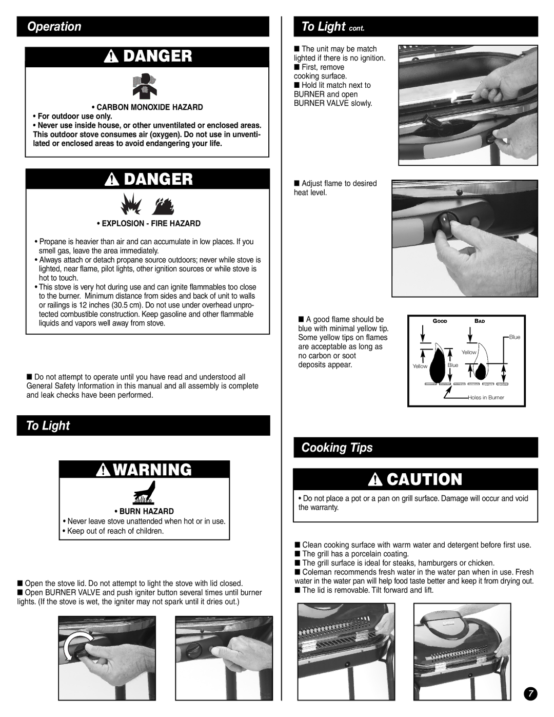 Coleman 9944-857 manual Operation, To Light, Cooking Tips 