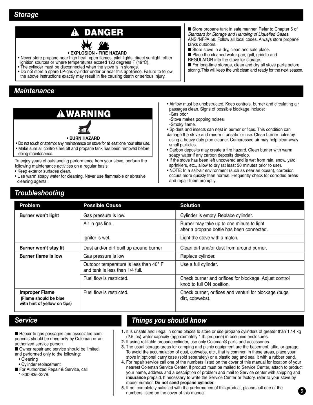 Coleman 9944-857 manual Storage, Maintenance, Troubleshooting, Service, Things you should know 