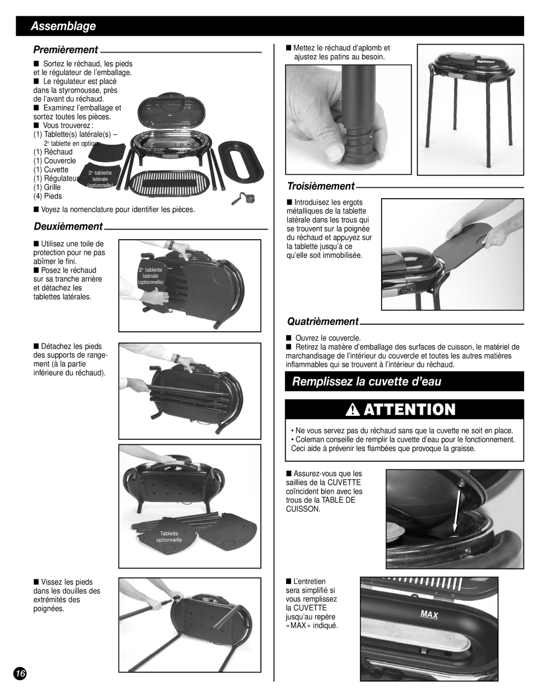 Coleman 9944 manual Assemblage, Remplissez la cuvette d’eau 