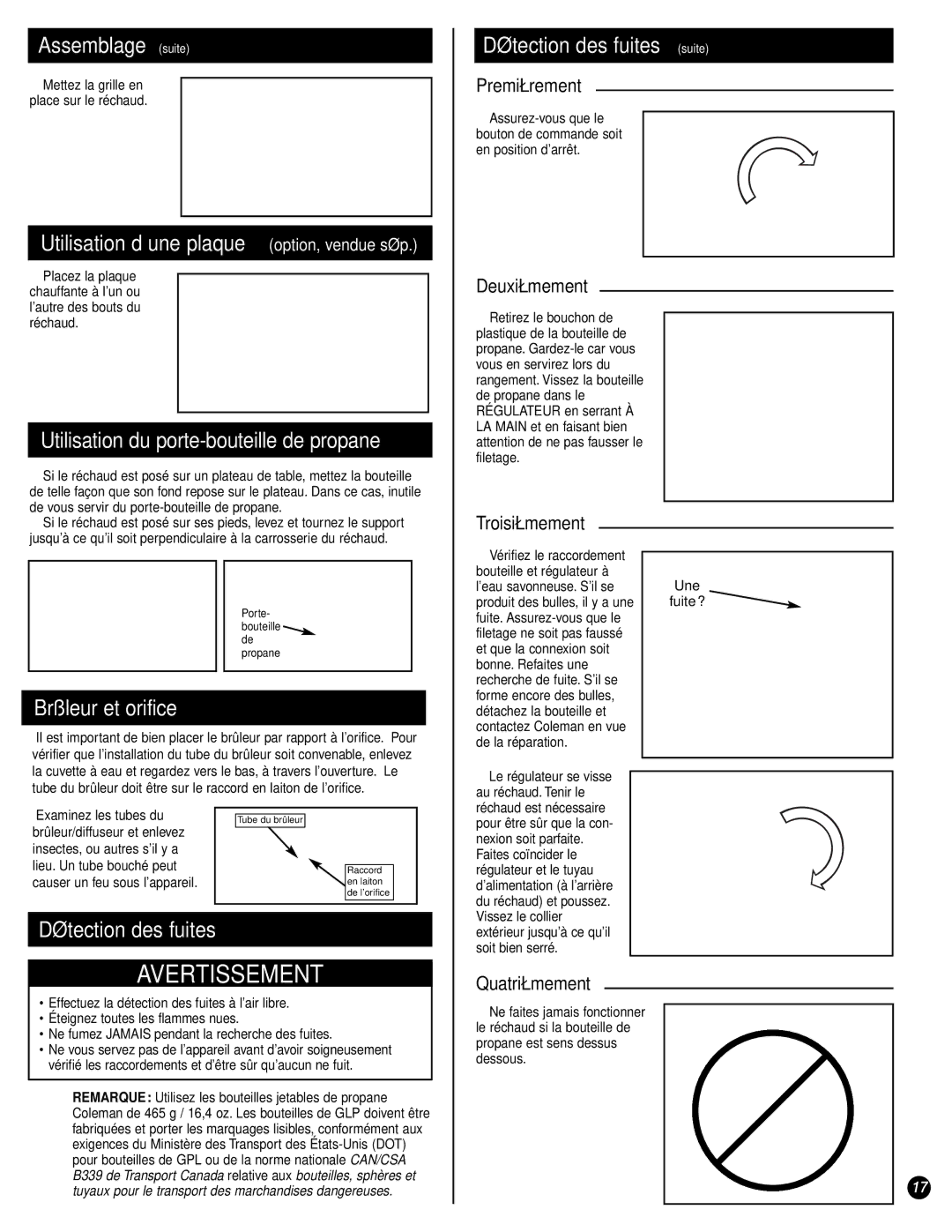 Coleman 9944 manual Assemblage suite, Brûleur et orifice, Détection des fuites 