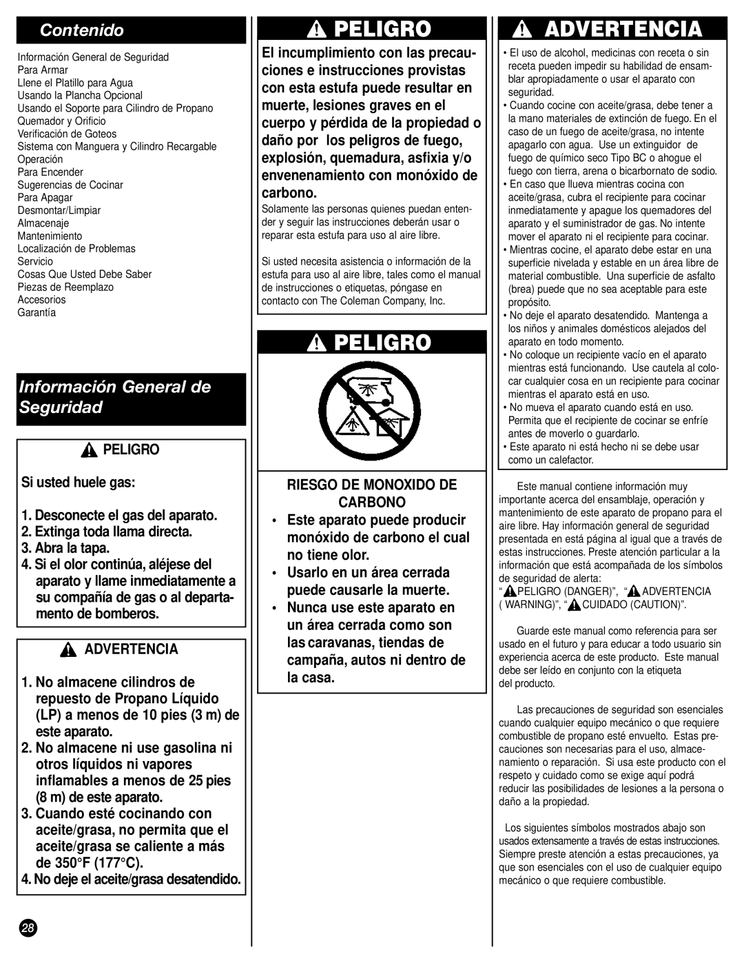 Coleman 9944 manual Contenido, Información General de Seguridad, Peligro, Advertencia, Riesgo DE Monoxido DE Carbono 