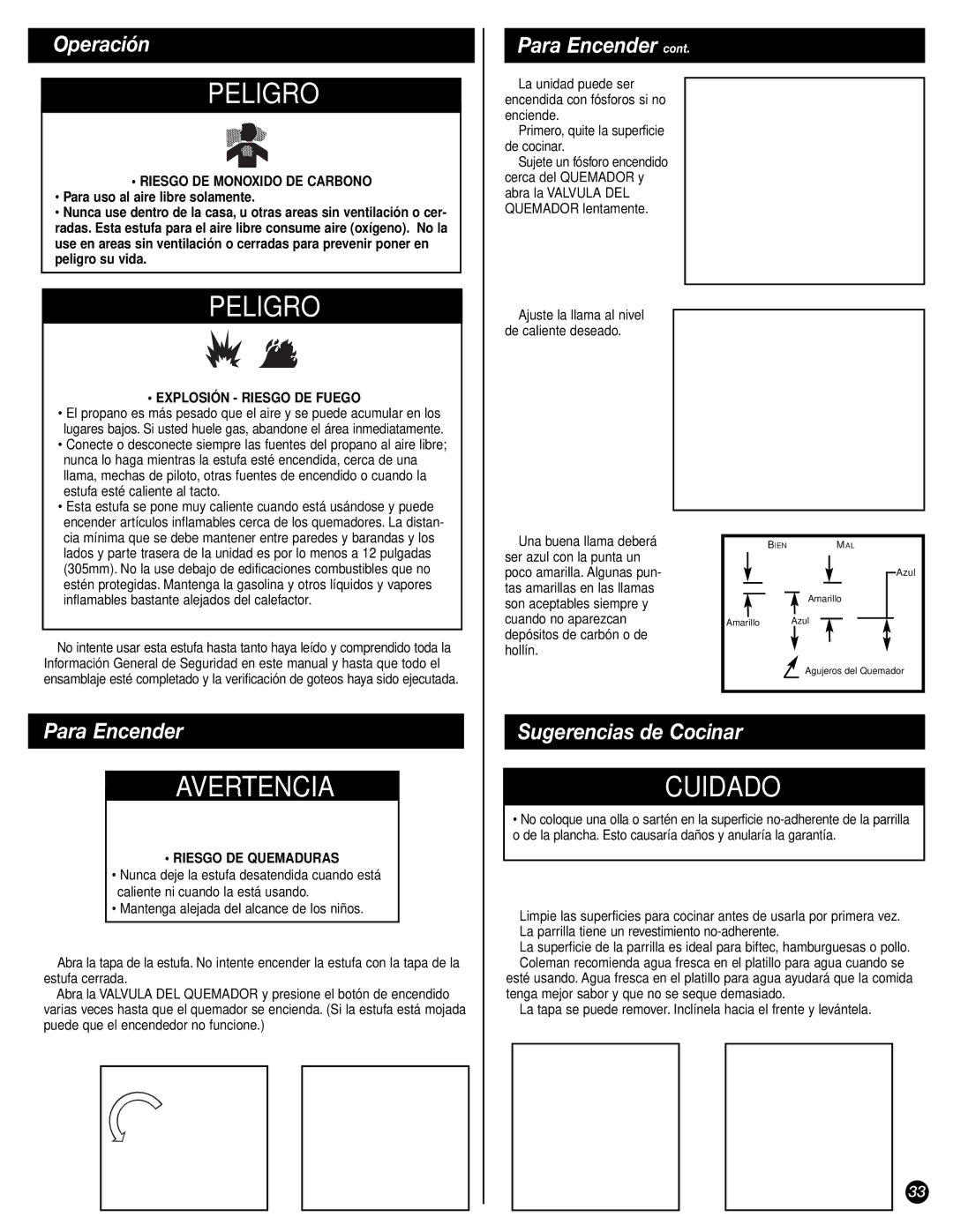 Coleman 9944 Operación, Para Encender, Sugerencias de Cocinar, Riesgo DE Monoxido DE Carbono, Explosión Riesgo DE Fuego 