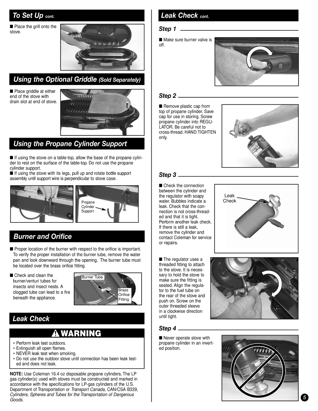 Coleman 9944 manual Using the Propane Cylinder Support, Burner and Orifice, Leak Check 