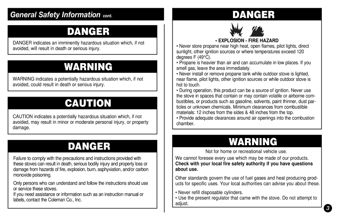 Coleman 9946 Series manual Explosion Fire Hazard 