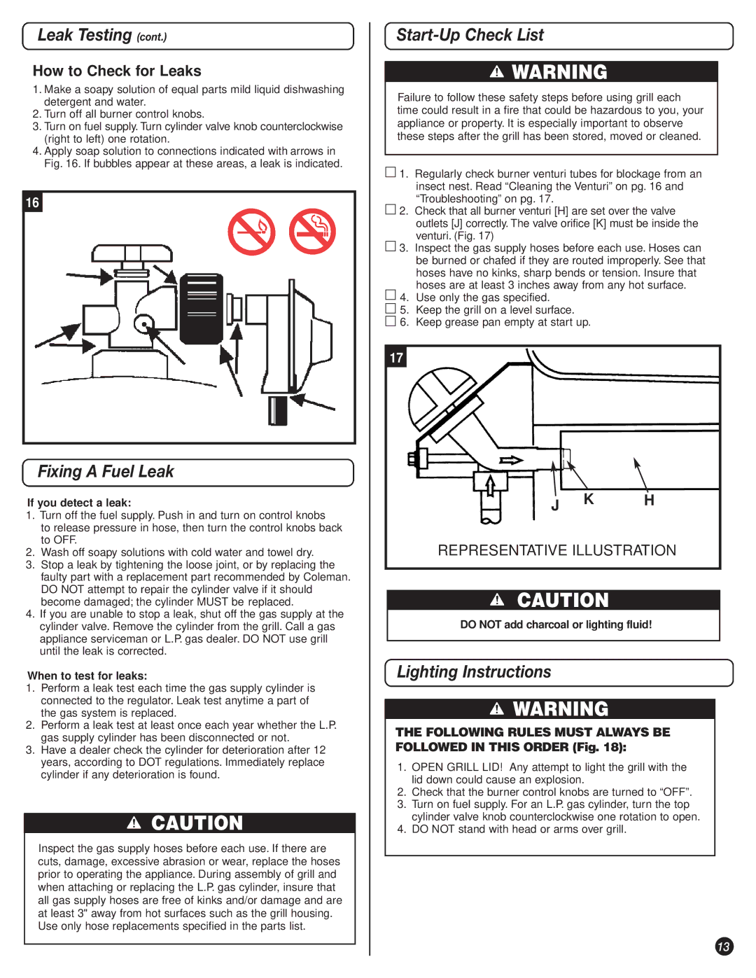 Coleman 9947A726 manual Fixing a Fuel Leak, Start-Up Check List, Lighting Instructions, How to Check for Leaks 