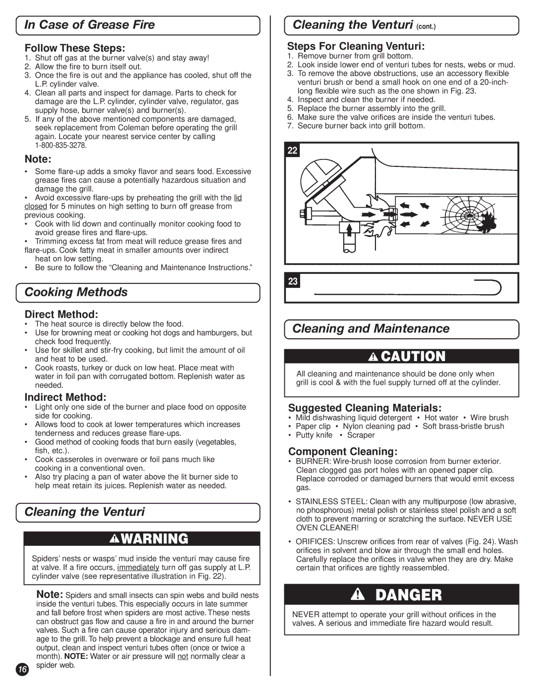 Coleman 9947A726 manual Case of Grease Fire, Cooking Methods, Cleaning the Venturi, Cleaning and Maintenance 