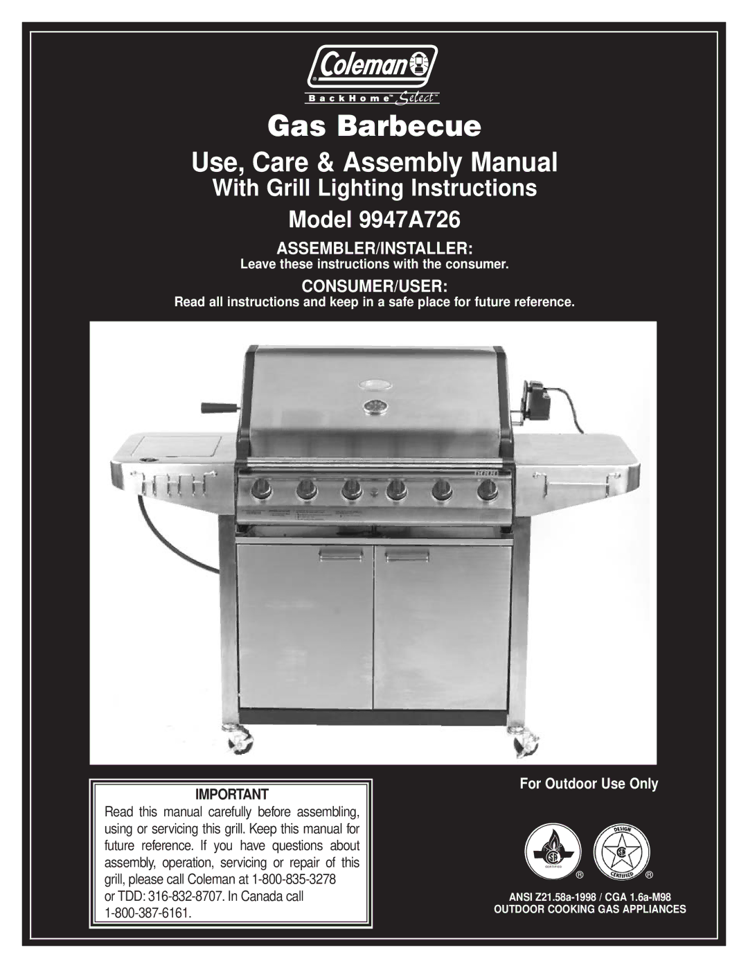 Coleman 9947A726 manual Gas Barbecue 